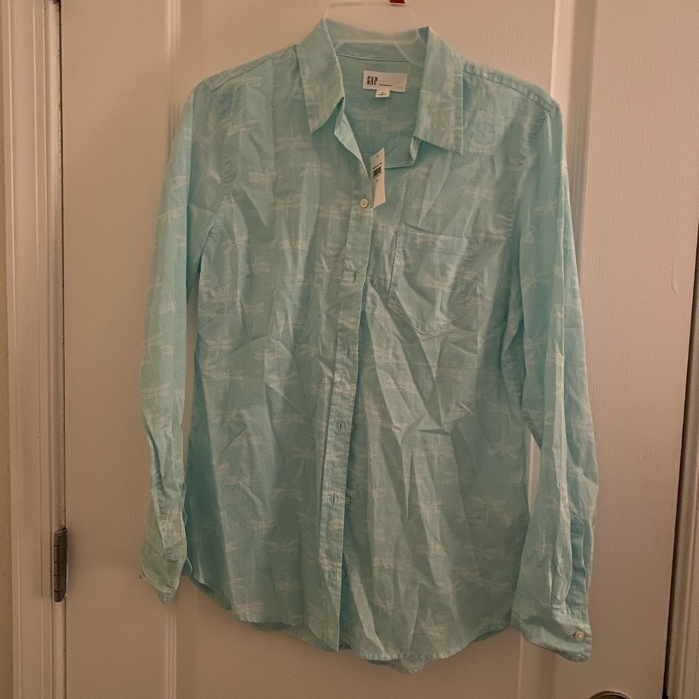 Gap Button Down Boyfriend Fit Dragon Fly Print Shirt